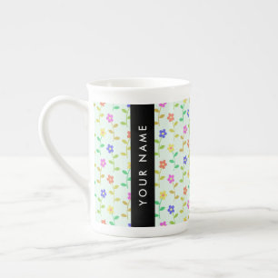 Caneca De Porcelana Flores Coloridas, Fundo Verde Claro, Preto