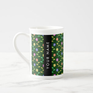 Caneca De Porcelana Flores Coloridas, Fundo Verde, Preto