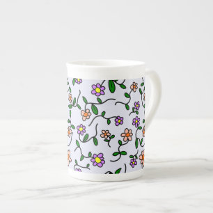 Caneca De Porcelana Flores Coloridas, Padrão Floral, Verde, Boho