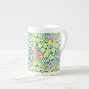 Caneca de Porcelana Flores Cor-de-Rosa, Azul e Ama