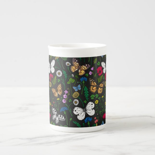 Caneca De Porcelana Flores e borboletas selvagens a preto (Frente)