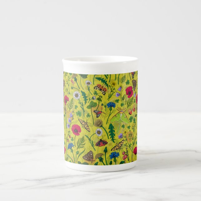 Caneca De Porcelana Flores e mariposas selvagens em verde (Frente)