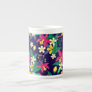 Caneca De Porcelana Flores Exóticas Coloridas Padrão Folhas-23021