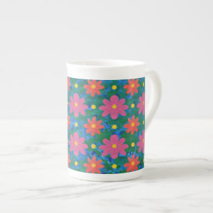 Caneca De Porcelana Flores Rangoli e Bolinhas Ossos China Mug