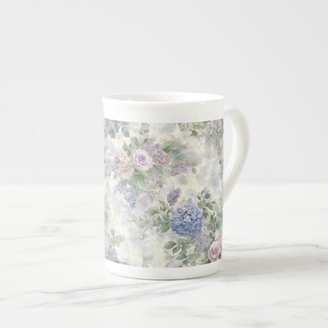 Caneca De Porcelana Flores Rosa Roxo Românticas (Frente Esquerda)
