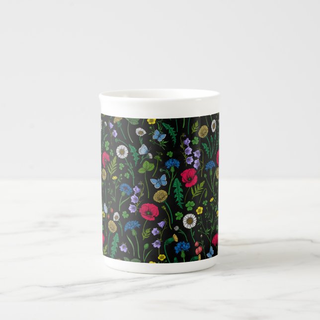 Caneca De Porcelana Flores silvestres em preto (Frente)
