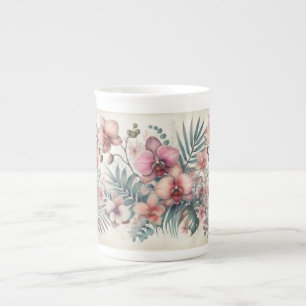 Caneca De Porcelana Flores tropicais e folhas de aquarela