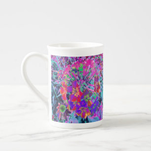 Caneca De Porcelana Flores Vermelhas e Roxas Coloridas Psicodélicas