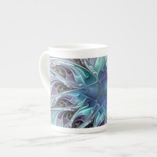 Caneca De Porcelana Florescer Floral Fractal Moderno Abstrato Com Azul