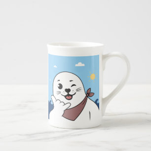 Caneca De Porcelana Foca Piscando de Lenço no Pescoço Fazendo Sinal de