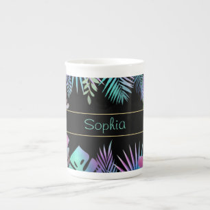 Caneca De Porcelana Folhas Tropicais Iridescentes, Nome Azul-petróleo