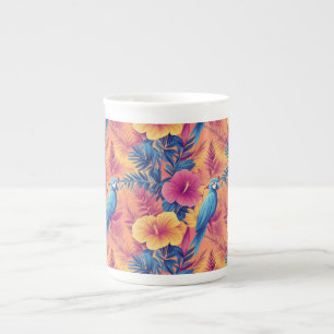 Caneca De Porcelana Folhas Tropicais Vibrantes e Parrots Padrão de Ver