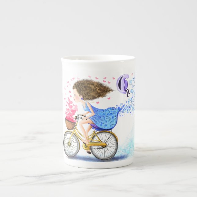 Caneca De Porcelana Garota feliz com moto de bicicleta (Frente)
