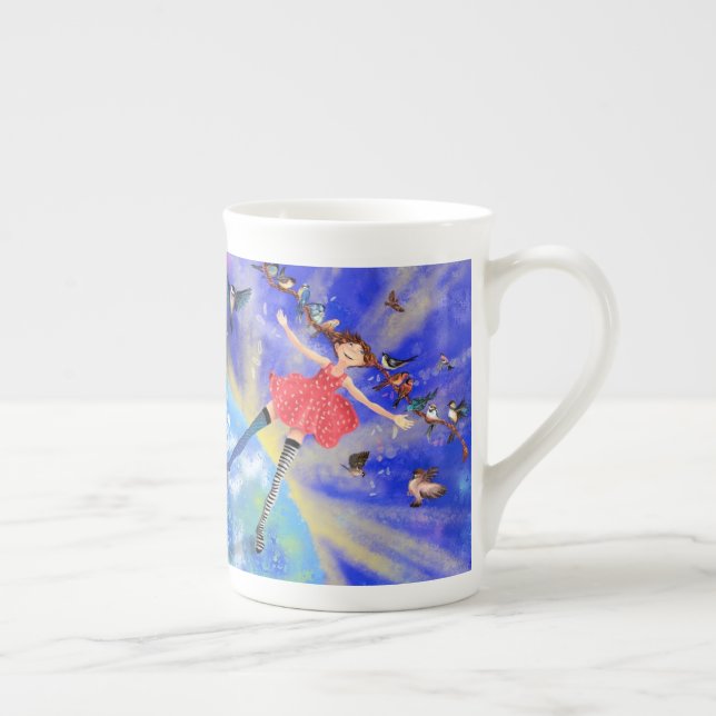 Caneca De Porcelana Garota Feliz com Pássaros Ossos China Mug (Direita)