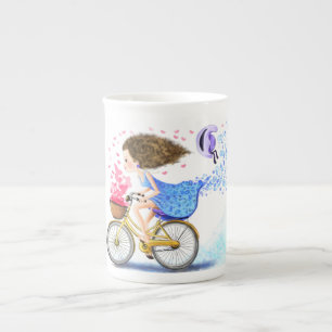 Caneca De Porcelana Garota Feliz Em Uma Bicicleta - Corações Românt