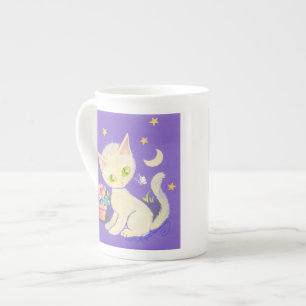 Caneca De Porcelana Gatinho de Creme com Vaso de Flores, Lua e Estrela