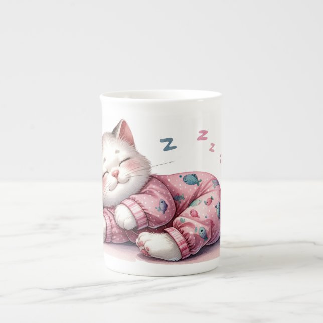 Caneca De Porcelana Gatinho dormindo no pijama Osso da China (Frente)