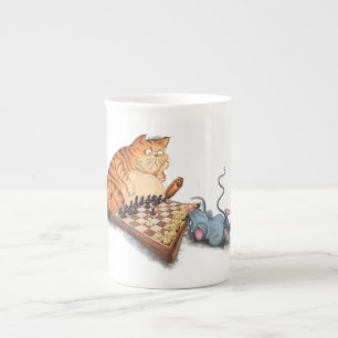 Caneca De Porcelana Gato e Rato Tocando Cartoon de Xadrez Engraçando E