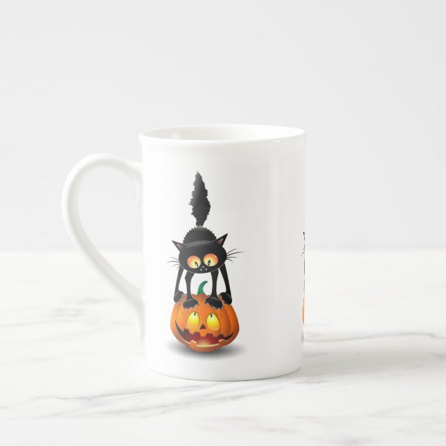 Caneca De Porcelana Gato Halloween Caricatura Assustada na Pumpkin (Esquerda)