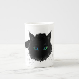 Caneca De Porcelana Gato Preto com Presente Azul de Lata Verde