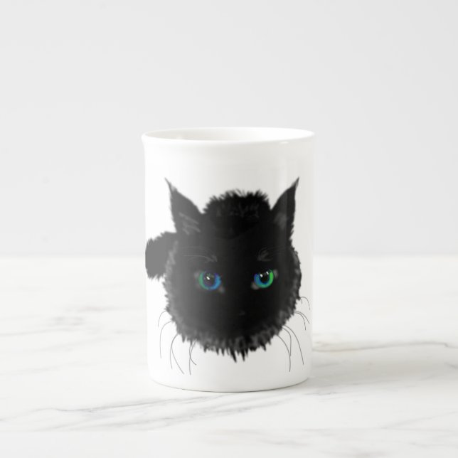 Caneca De Porcelana Gato Preto com Presente Azul de Lata Verde (Frente)