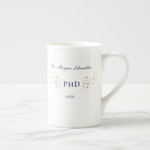 Caneca De Porcelana Graduação Dourada Azul PhD Elegante