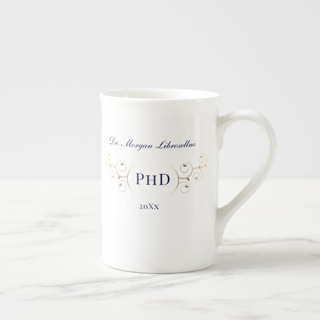 Caneca De Porcelana Graduação Dourada Azul PhD Elegante (Direita)