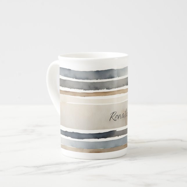 Caneca De Porcelana Grelha Aquarela Cores Neutras (Frente Esquerda)