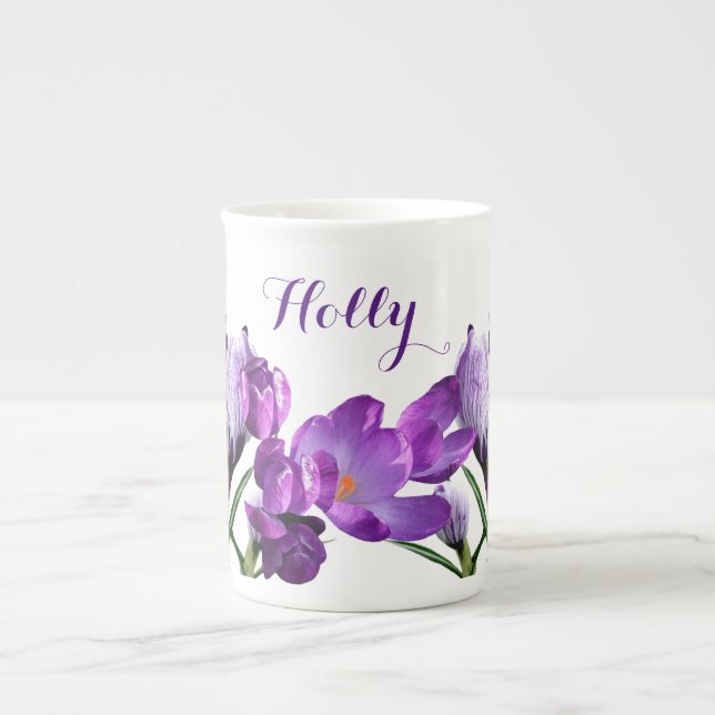 Caneca De Porcelana Holly personalizável, nomeie diversão floral roxa  (Frente)
