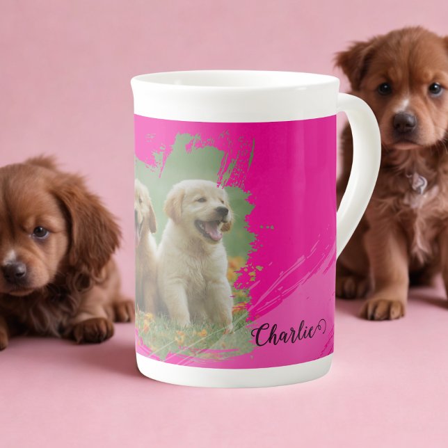Caneca De Porcelana hot pink pets name elegant typography & photo (Criador carregado)