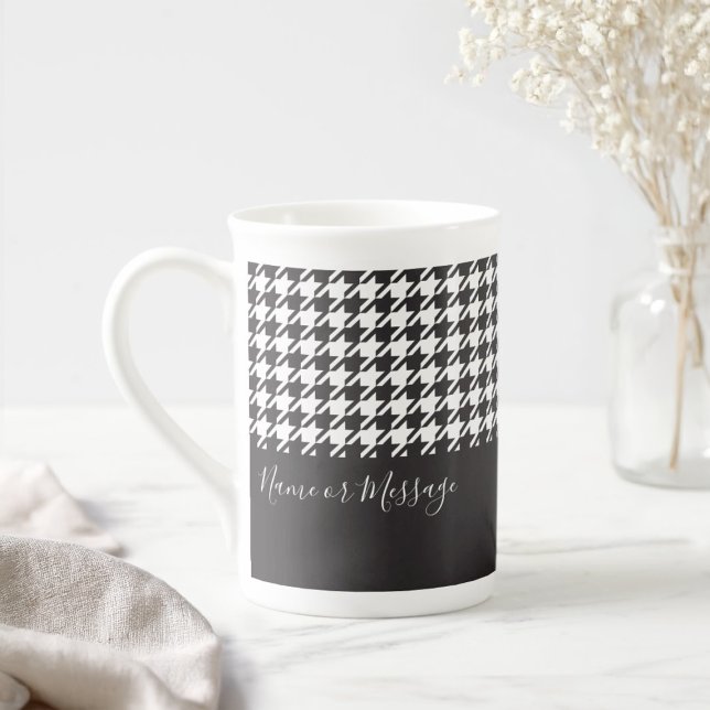 Caneca De Porcelana Houndstooth Preto e Branco Moderno Personalizado (Criador carregado)