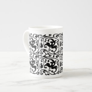 Caneca De Porcelana Ikat Floral Damask - Branco e Preto