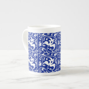 Caneca De Porcelana Ikat Floral Damask - Cobalto Azul e Branco
