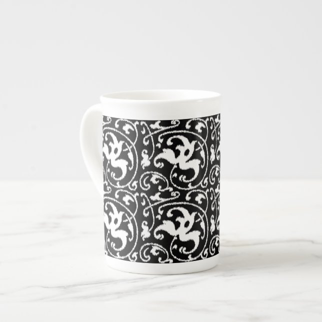 Caneca De Porcelana Ikat Floral Damask - Preto e Branco (Frente Esquerda)
