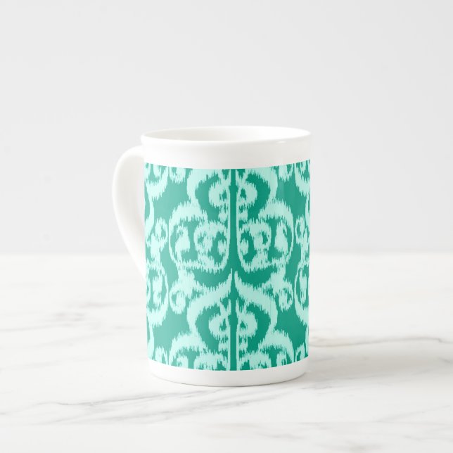 Caneca De Porcelana Ikat Moorish Damask - pavão e aqua (Frente Esquerda)