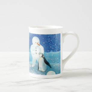 Caneca De Porcelana Ilustração de Snowman e Penguin