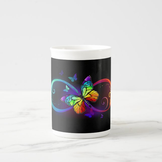 Caneca De Porcelana Infinidade vibrante com borboleta arco-íris a pret (Frente)