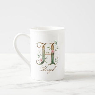 Caneca De Porcelana Inicial H Floral Dourada Personalizada