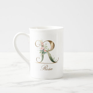 Caneca De Porcelana Inicial R de Monograma Floral Dourado Personalizad