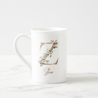Caneca De Porcelana Inicial Z Floral Dourada Personalizada