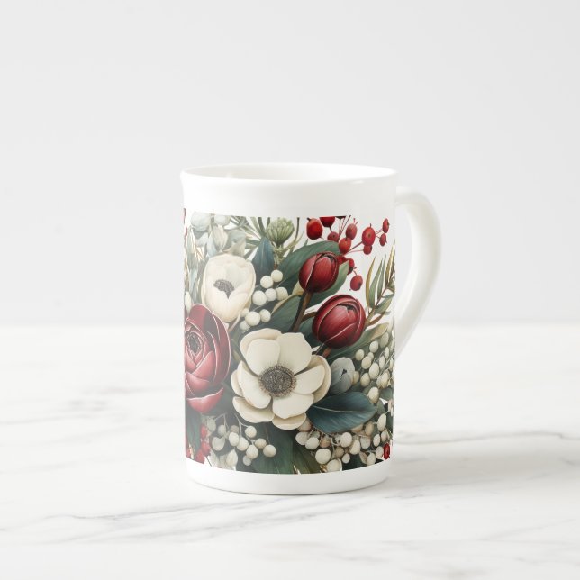 Caneca De Porcelana Inverno Floral Verde Branco Ampliado (Frente Esquerda)