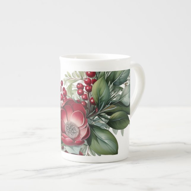 Caneca De Porcelana Inverno Floral Verde Branco Ampliado (Frente Esquerda)