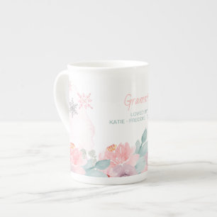 Caneca De Porcelana Inverno Mágico da Vovó Flocos de Neve e Floral