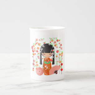 Caneca De Porcelana Jardim de Bonecas Kokeshi
