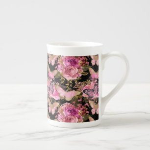 Caneca De Porcelana Jardim de Rosas Borboleta Floral Flor Fofo Estétic