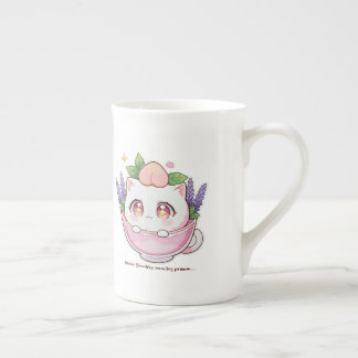 Caneca De Porcelana Kawaii Peach Cat na Lavanda Teacup Coffee Mug