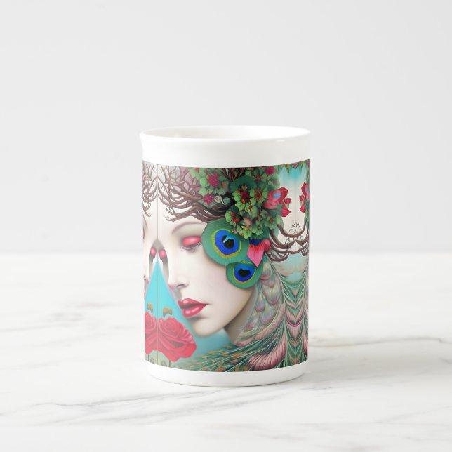 Caneca De Porcelana Lábios Vermelho Feminino e Abstrato de Peacock (Frente)