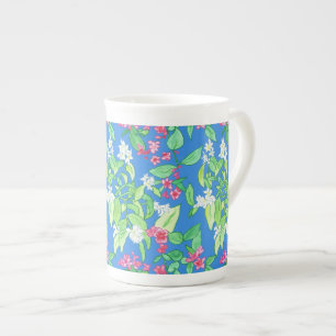 Caneca De Porcelana Laranja trocista, Weigela, rosa, branco no azul