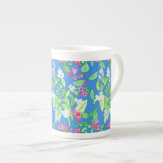Caneca De Porcelana Laranja trocista, Weigela, rosa, branco no azul (Frente Esquerda)