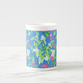 Caneca De Porcelana Laranja trocista, Weigela, rosa, branco no azul